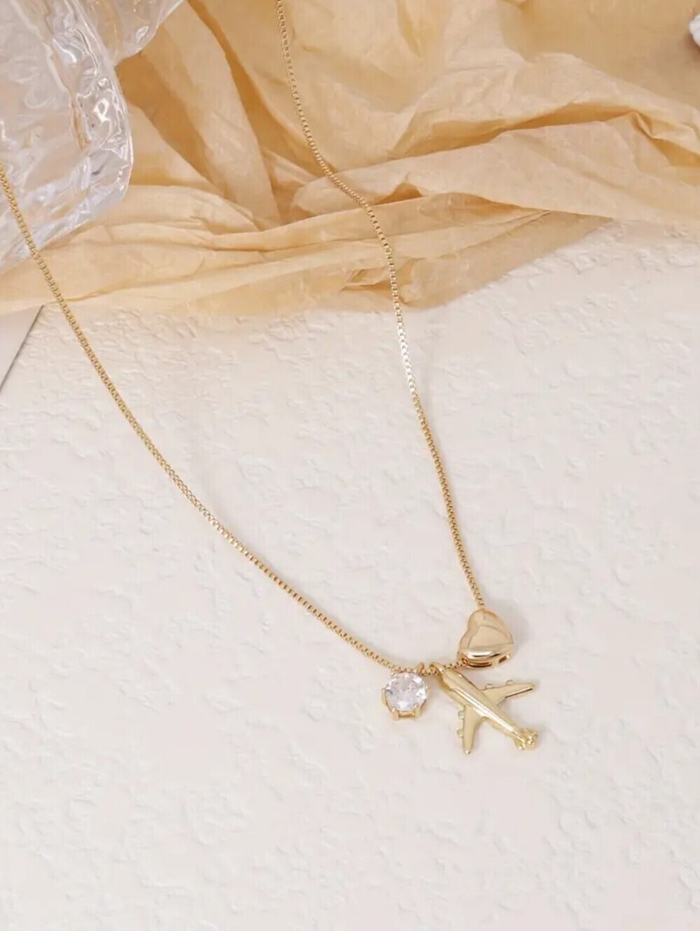 Gold Travel Airplane Heart Necklace Crystal Charm Pendant Gift for Her